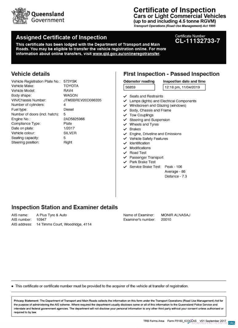 Download Australia Queensland certificate of vehicle inspection Photoshop template